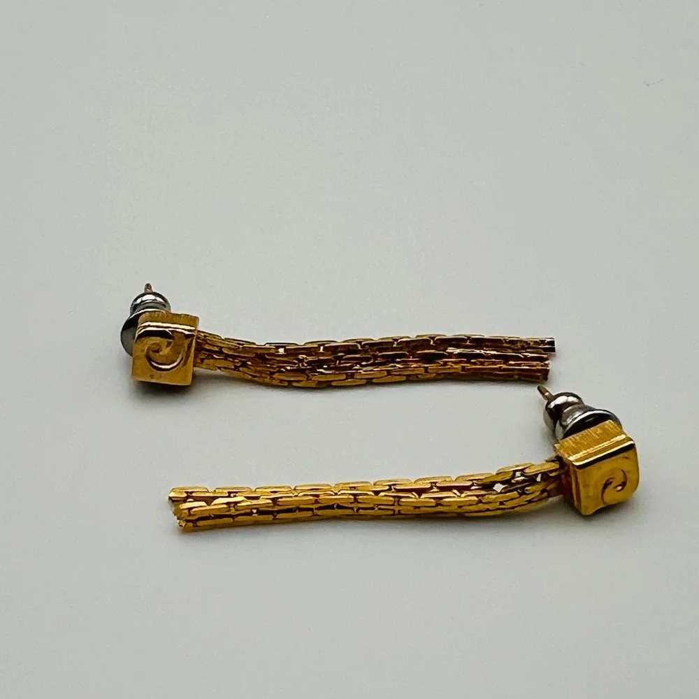 Gold Tone‎ Spiral Square Post Earrings with Multi Chain Tassel Dangle Drops